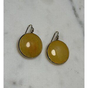 Amber Tone Stone Round Silver Bezel Dangle Earrings Vintage Inspired Design